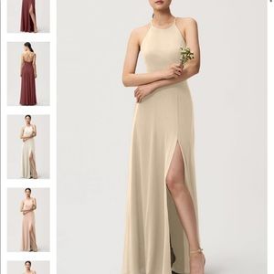 Jenny Yoo Cream Halter Neck Bridesmaid Dress with Thigh Slit